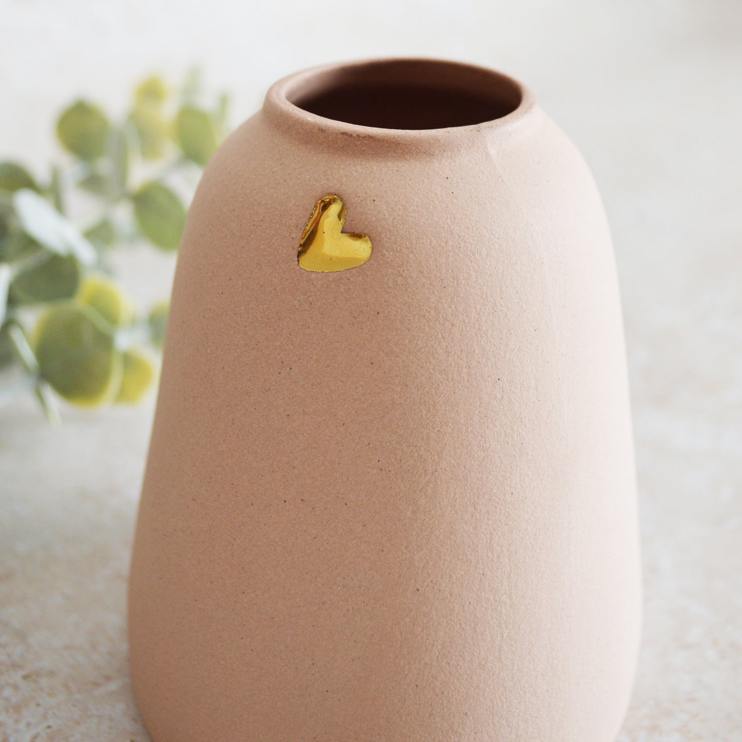 Seconds* Discontinued* Pastel Pink Ceramic Vase With A Short Rim And An Embossed Gold Heart | Pretty Pink Decor | Mother's Day Vase | Stoneware  (A44)