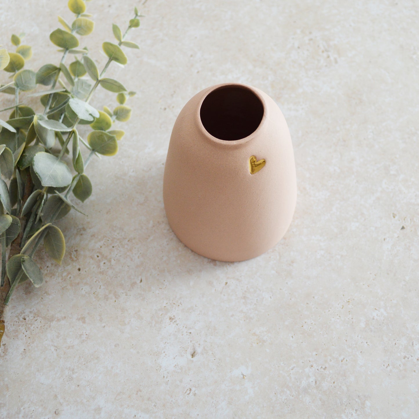 Seconds* Discontinued* Pastel Pink Ceramic Vase With A Short Rim And An Embossed Gold Heart | Pretty Pink Decor | Mother's Day Vase | Stoneware  (A44)