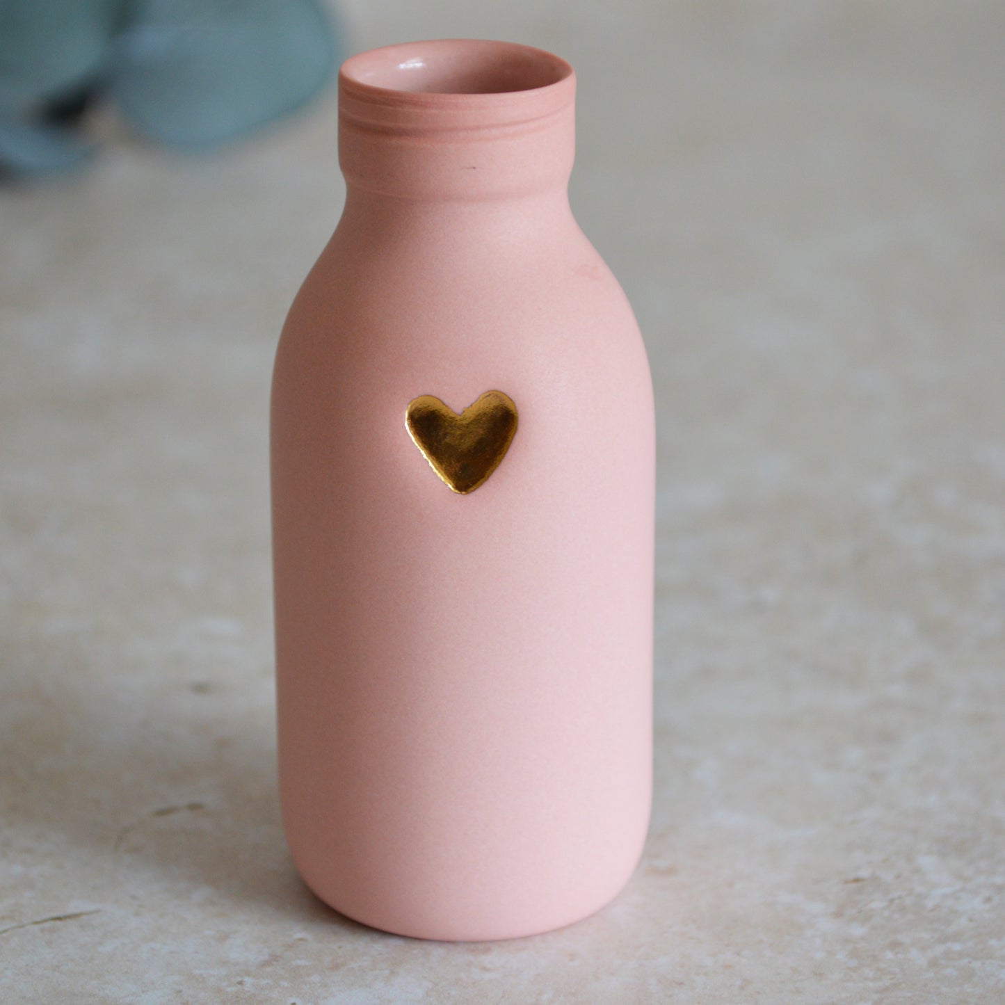 Seconds* MEDIUM PINK Pastel Bottle Vases With A Gold Embossed Heart | Summer Vase | Flower Vase | Porcelain (A46)