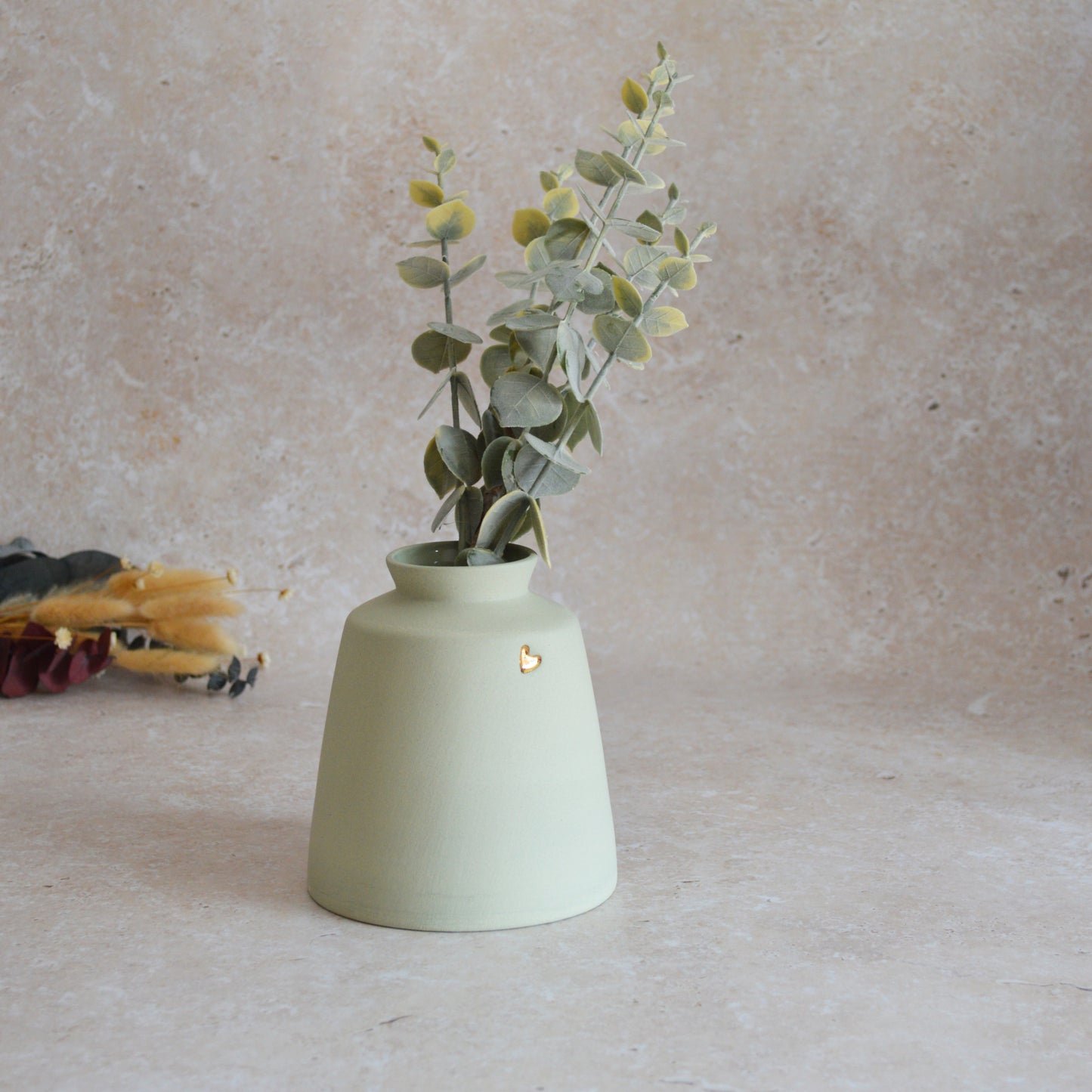 Seconds* Pastel Mint Collard Neck Ceramic Vase With A Gold Embossed Heart | Stoneware Vase | Flower Vase (A47)