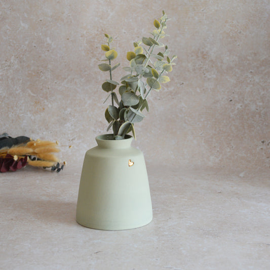 Seconds* Pastel Mint Collard Neck Ceramic Vase With A Gold Embossed Heart | Stoneware Vase | Flower Vase (A47)
