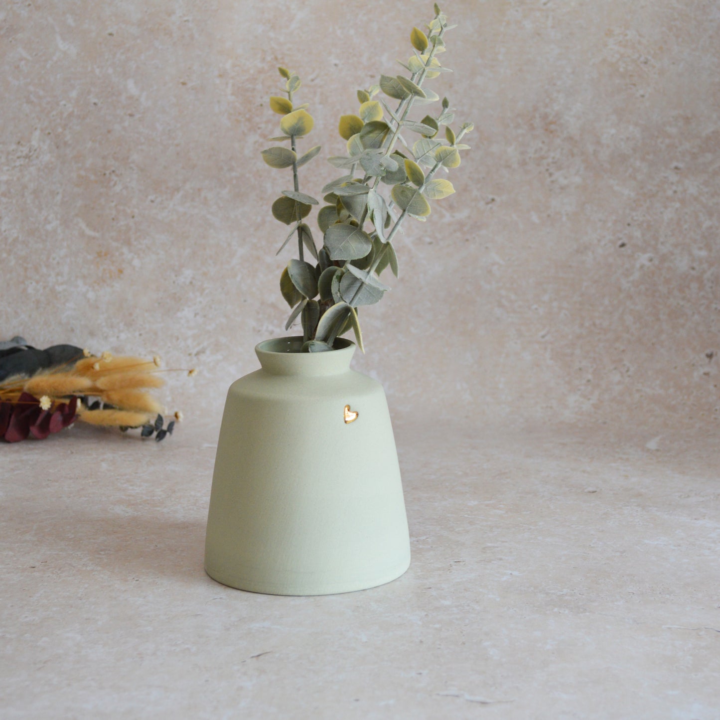 Seconds* Pastel Mint Collard Neck Ceramic Vase With A Gold Embossed Heart | Stoneware Vase | Flower Vase (A47)