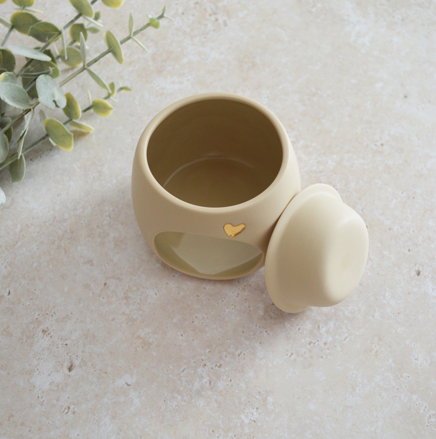 Seconds* Pastel BEIGE Wax And Oil Burner With A Gold Embossed Heart And Detachable Lid | Wax Burner | Porcelain (A49)
