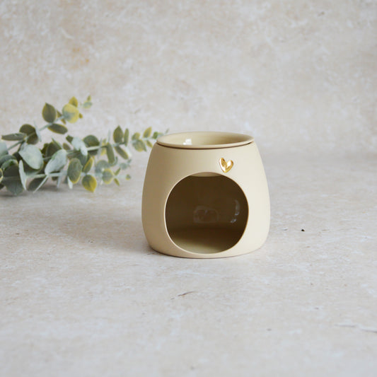 Seconds* Pastel BEIGE Wax And Oil Burner With A Gold Embossed Heart And Detachable Lid | Wax Burner | Porcelain (A49)