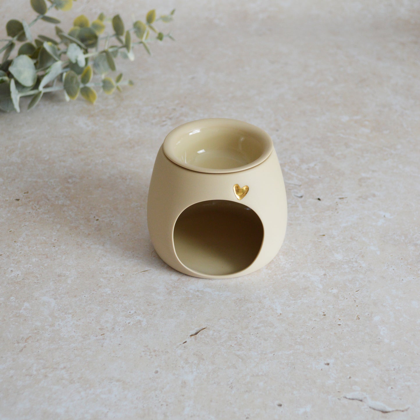 Seconds* Pastel BEIGE Wax And Oil Burner With A Gold Embossed Heart And Detachable Lid | Wax Burner | Porcelain (A49)