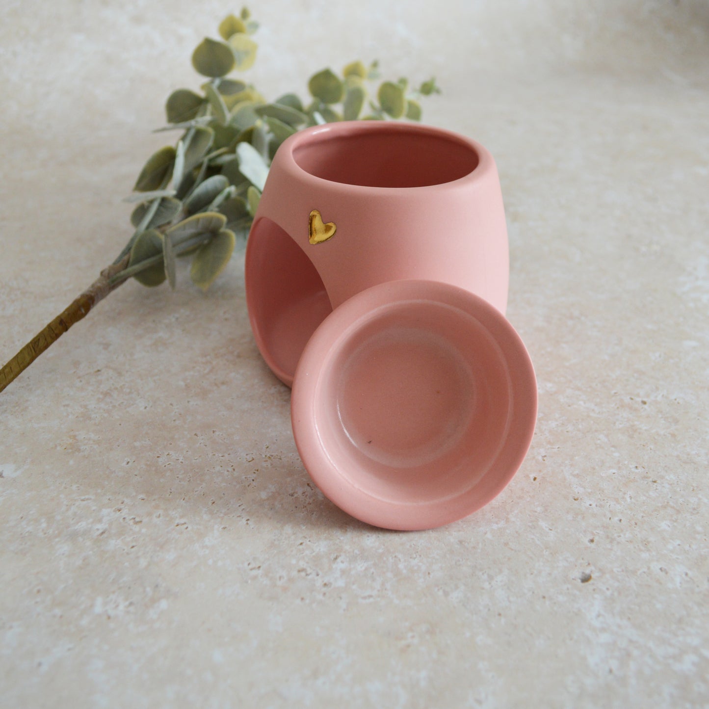 Seconds* Pastel PINK Wax And Oil Burner With A Gold Embossed Heart And Detachable Lid | Wax Burner | Porcelain (A4)