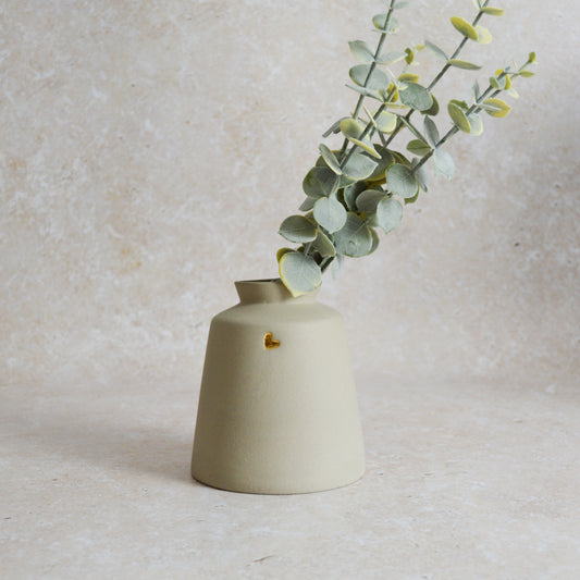 Seconds* Pastel Grey Collard Neck Ceramic Vase With An Embossed Gold Heart | Stoneware Vase | Flower Vase (A53)
