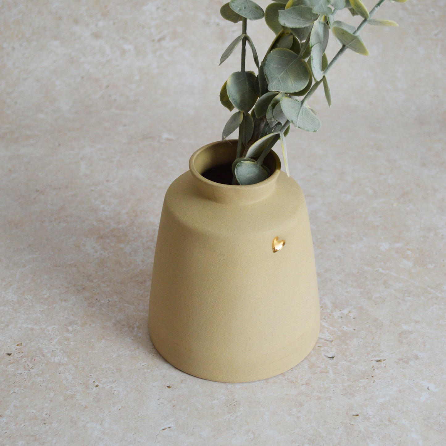 Seconds* Pastel Brown Collard Neck Ceramic Vase With A Gold Embossed Heart | Stoneware Vase | Flower Vase (A54)