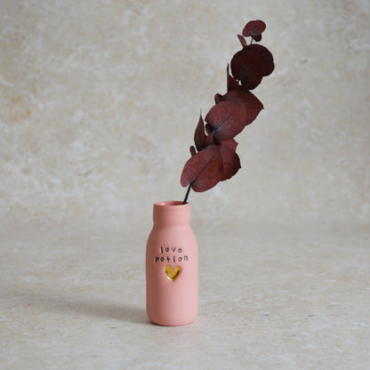 Seconds* Discontinued* Love Potion Bottle Vase With A Gold Embossed Heart | Pink Ceramic | Valentine's Gift | Porcelain Vase (A55)