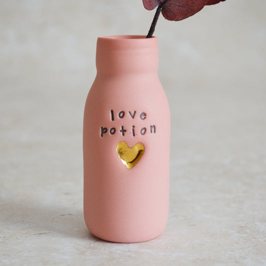 Seconds* Discontinued* Love Potion Bottle Vase With A Gold Embossed Heart | Pink Ceramic | Valentine's Gift | Porcelain Vase (A55)