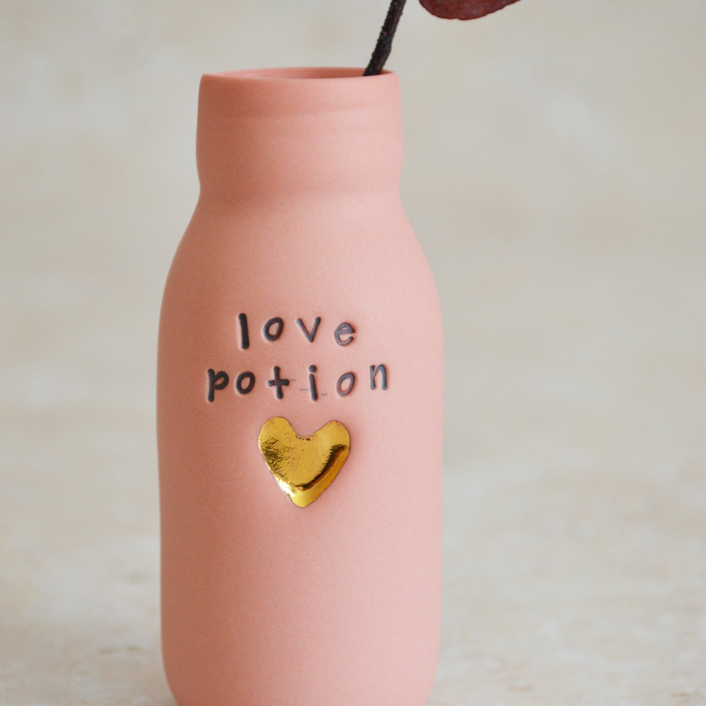 Seconds* Discontinued* Love Potion Bottle Vase With A Gold Embossed Heart | Pink Ceramic | Valentine's Gift | Porcelain Vase (A55)