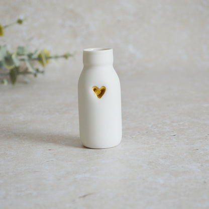Seconds* SMALL White Bottle Vase With A Gold Embossed Heart | Bottle Vase | Flower Vase | Summer Vase | Mother's Day | Porcelain (A57)