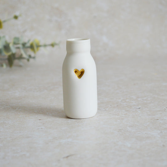Seconds* SMALL White Bottle Vase With A Gold Embossed Heart | Bottle Vase | Flower Vase | Summer Vase | Mother's Day | Porcelain (A57)