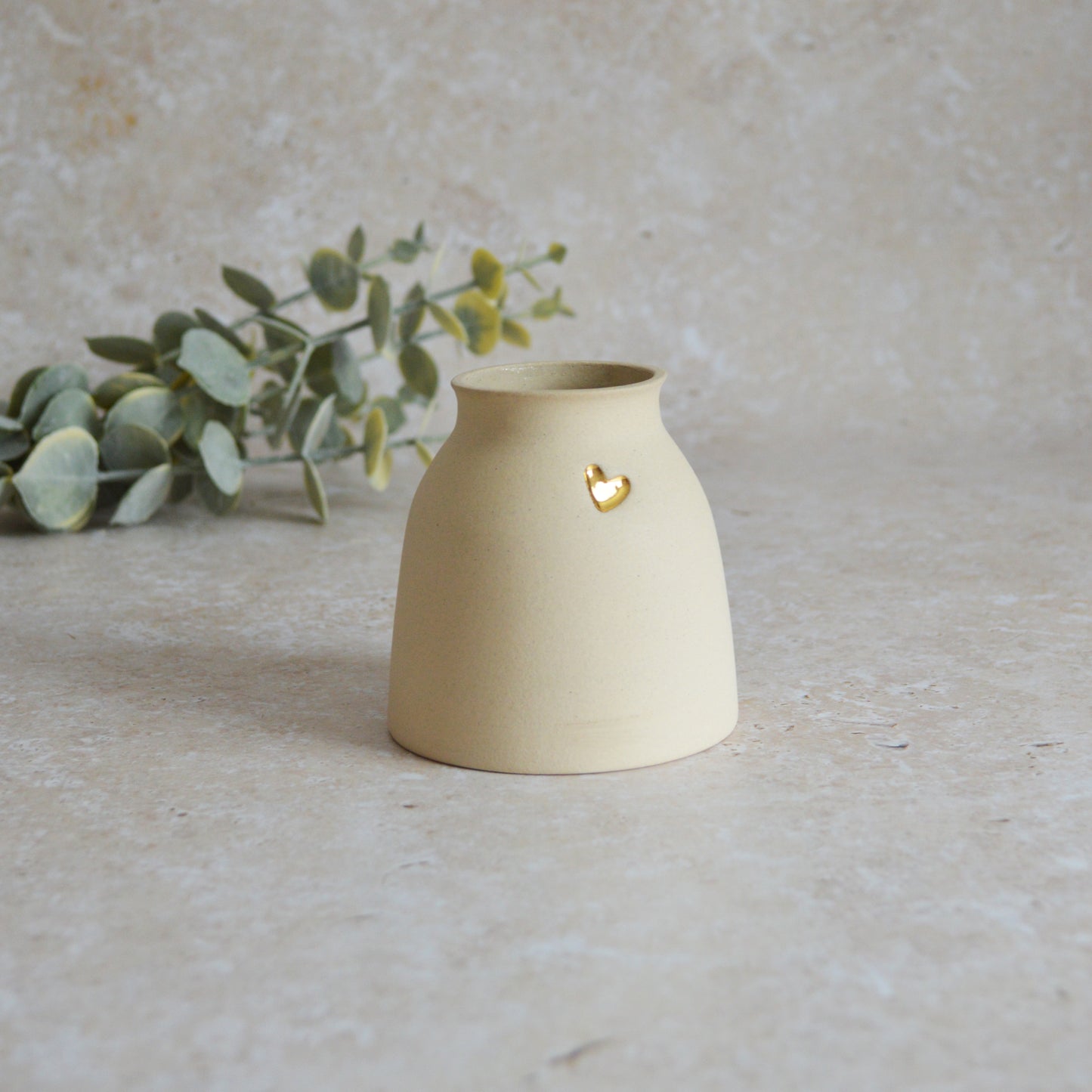 Seconds* Small Beige Ceramic Vase With A Gold Embossed Heart | Neutral Vase | Flower Vase | Mother's Day | Stoneware (A5)