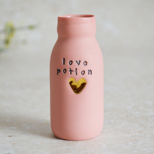 Seconds* Discontinued*Love Potion Bottle Vase With A Gold Embossed Heart | Valentine's Gift | Porcelain Vase (A61)