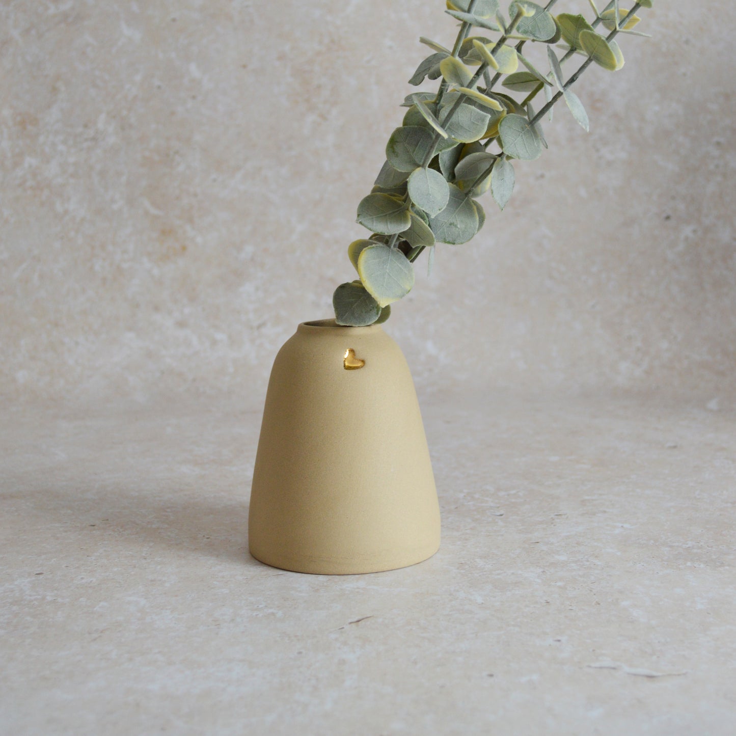 Seconds* Discontinued* Pastel Brown Ceramic Vase With A Short Rim And An Embossed Gold Heart | Flower Vase | Home Decor | Gifts For Her | Stoneware (A62)