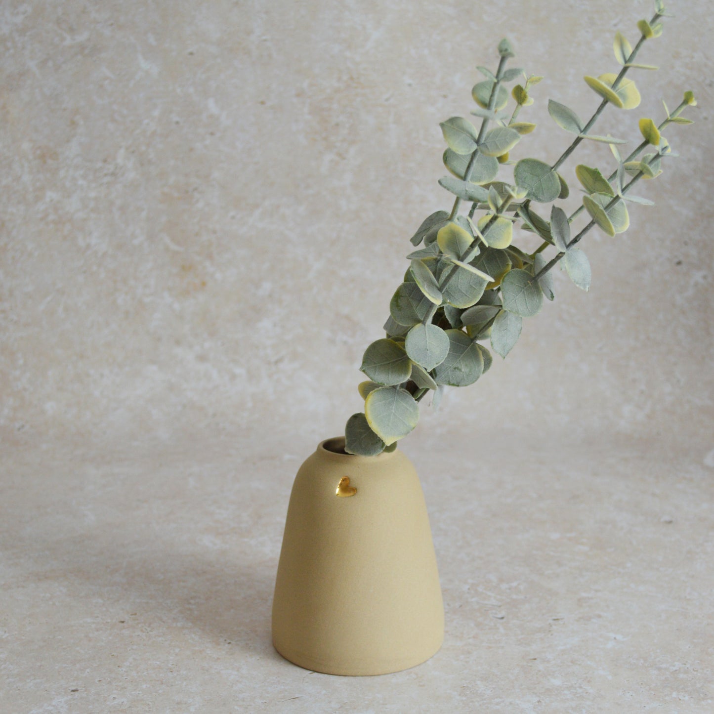 Seconds* Discontinued* Pastel Brown Ceramic Vase With A Short Rim And An Embossed Gold Heart | Flower Vase | Home Decor | Gifts For Her | Stoneware (A62)