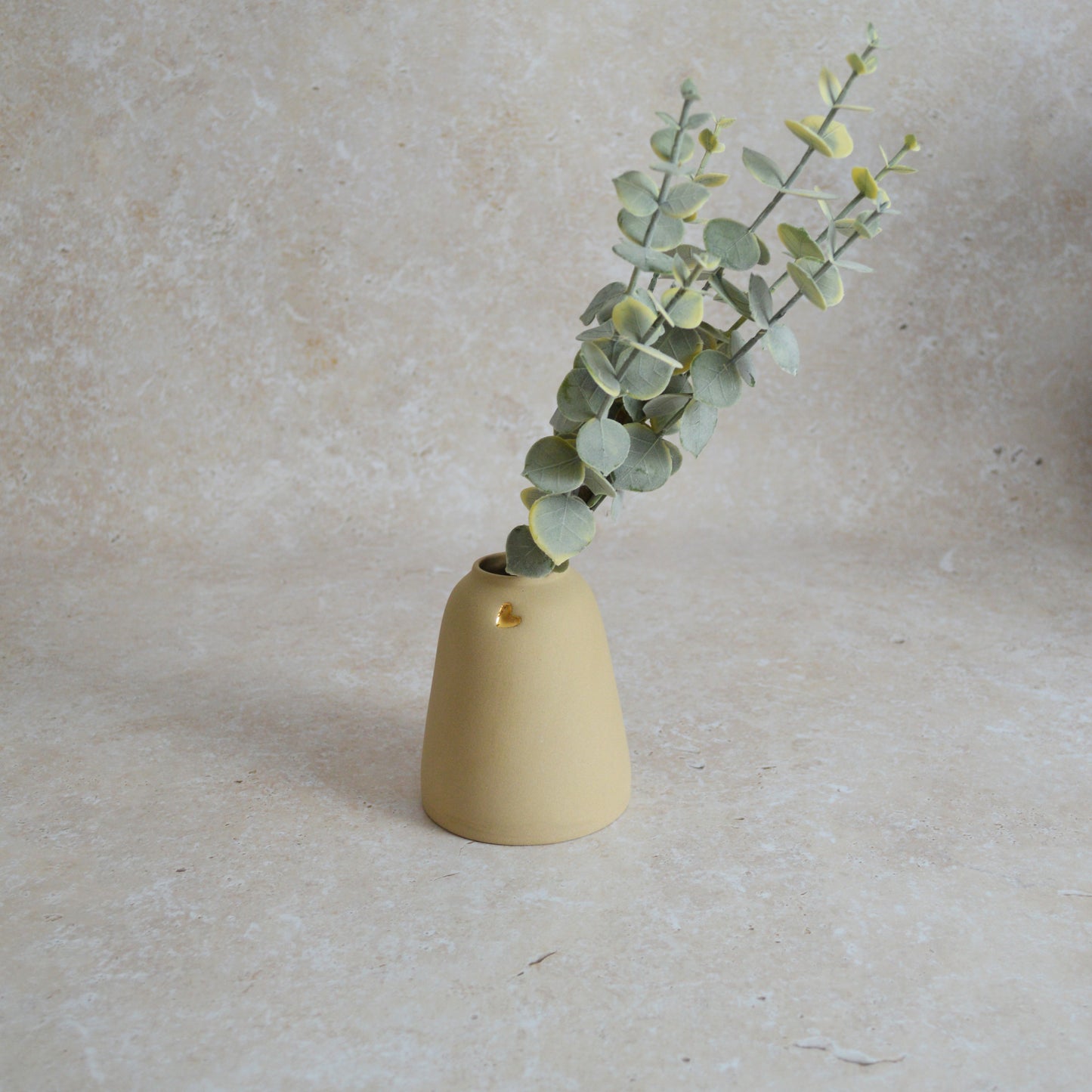 Seconds* Discontinued* Pastel Brown Ceramic Vase With A Short Rim And An Embossed Gold Heart | Flower Vase | Home Decor | Gifts For Her | Stoneware (A62)