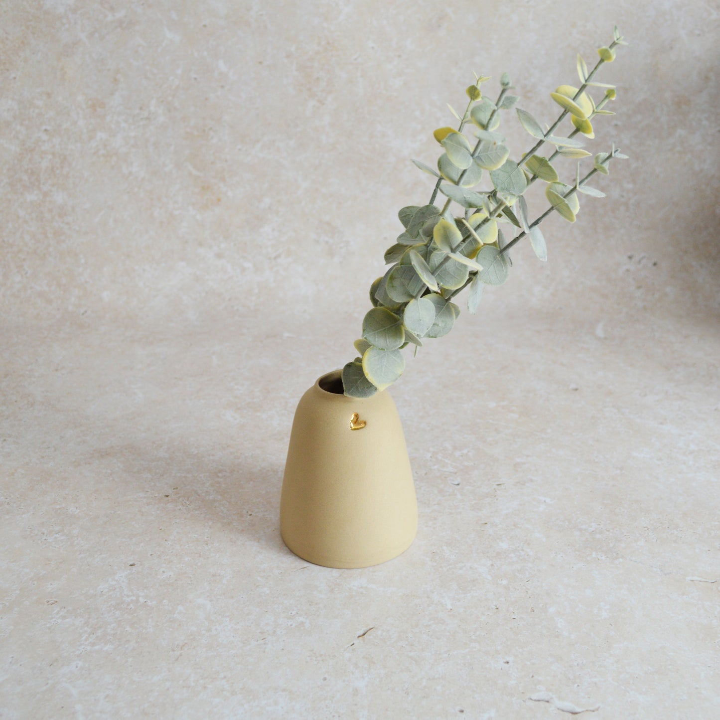 Seconds* Discontinued* Pastel Brown Ceramic Vase With A Short Rim And An Embossed Gold Heart | Flower Vase | Home Decor | Gifts For Her | Stoneware (A62)