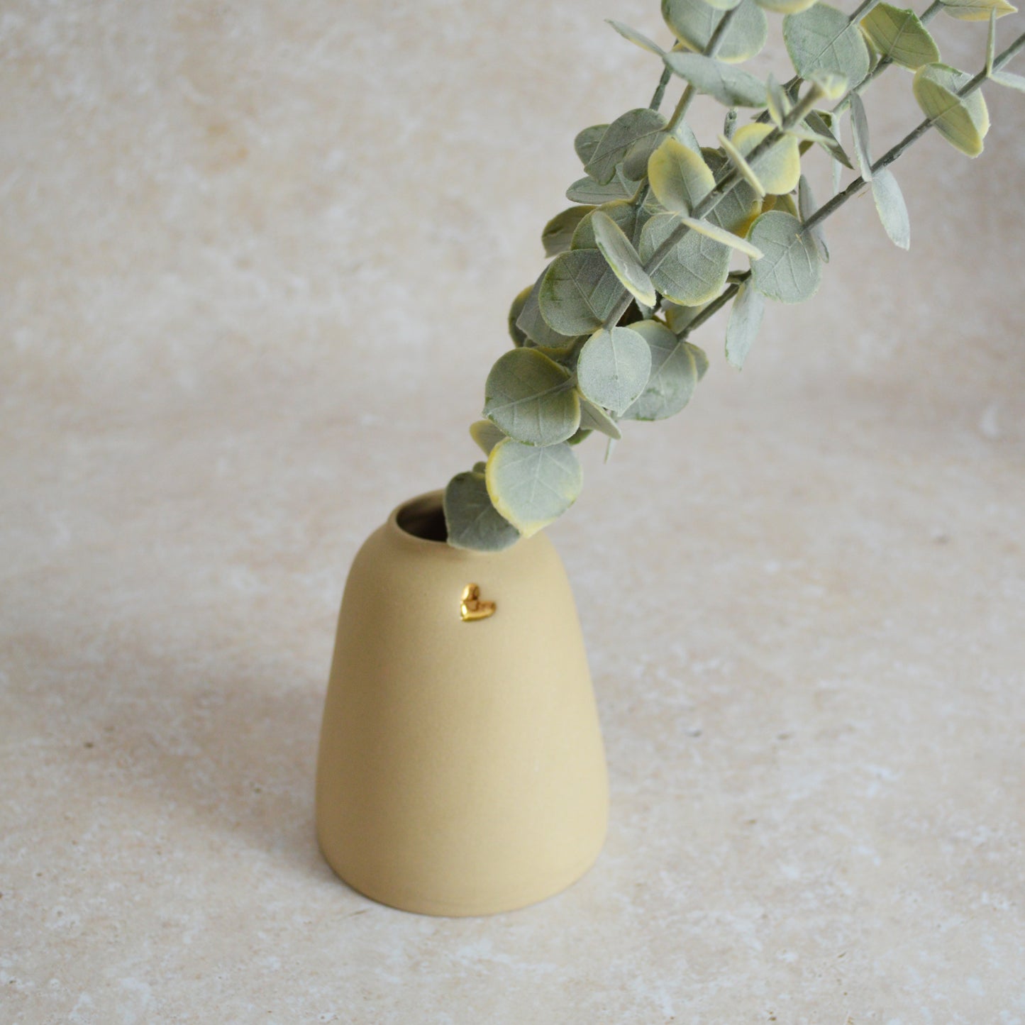 Seconds* Discontinued* Pastel Brown Ceramic Vase With A Short Rim And An Embossed Gold Heart | Flower Vase | Home Decor | Gifts For Her | Stoneware (A62)