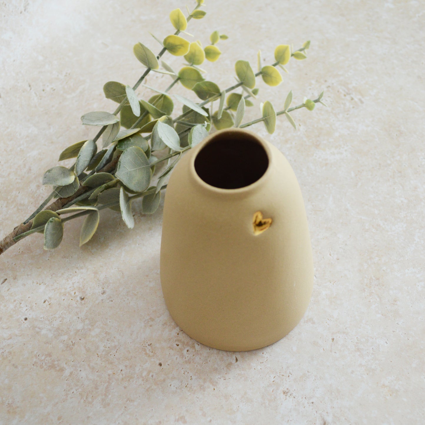 Seconds* Discontinued* Pastel Brown Ceramic Vase With A Short Rim And An Embossed Gold Heart | Flower Vase | Home Decor | Gifts For Her | Stoneware (A62)