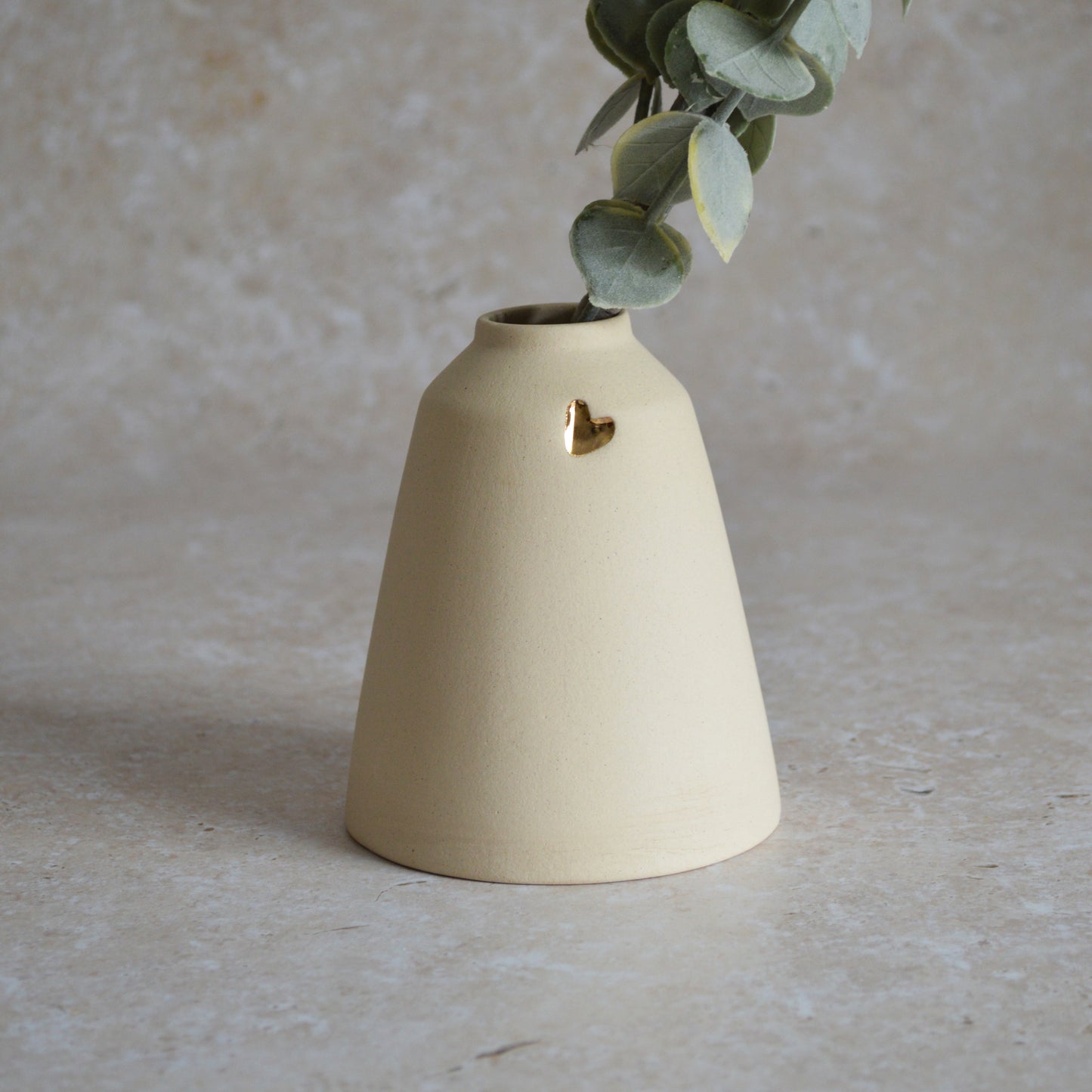 Seconds* Discontinued* Beige Angled Ceramic Vase With A Gold Embossed Heart | Stoneware Vase | Flower Vase (A63)