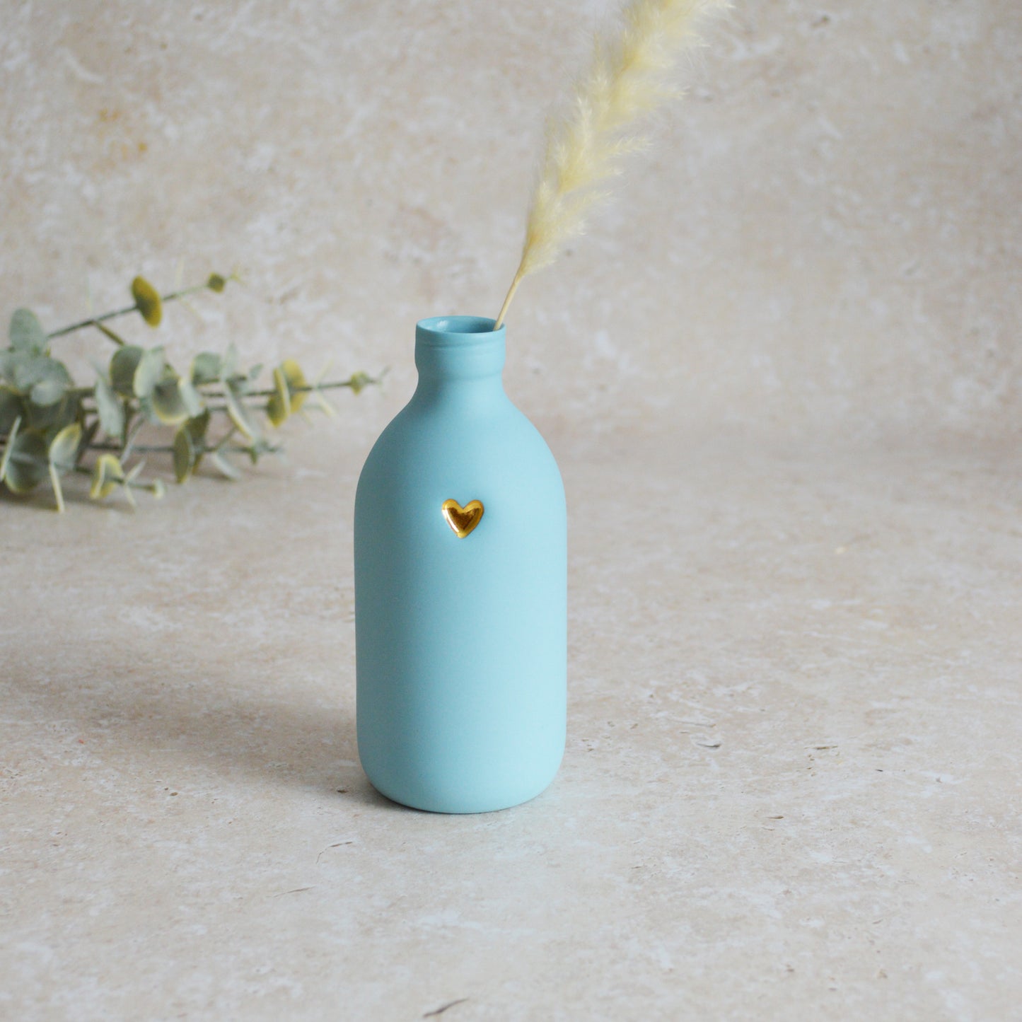 Seconds* Large Pastel Blue Bottle Vase With A Gold Embossed Heart | Flower Vase | Porcelain Vase (A64)