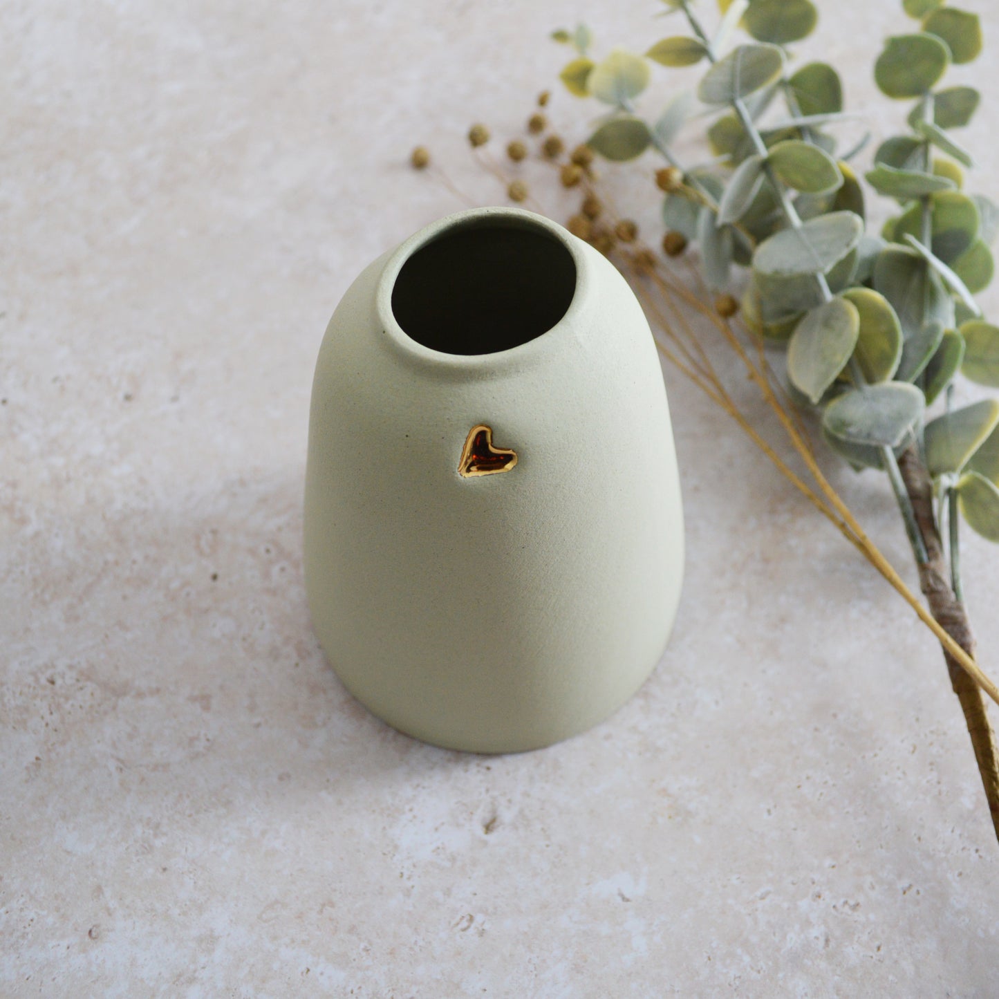 Seconds* Discontinued* Pastel Mint Home Decor Vase With Short Rim And An Embossed Gold Heart | Flower Vase | Spring Vase | Stoneware (A65)