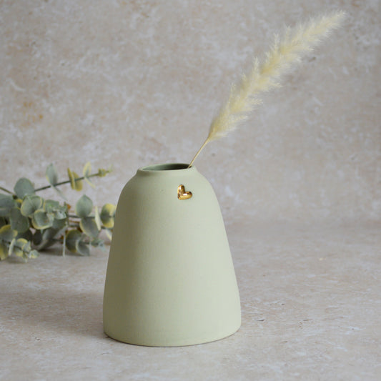 Seconds* Discontinued* Pastel Mint Home Decor Vase With Short Rim And An Embossed Gold Heart | Flower Vase | Spring Vase | Stoneware (A65)