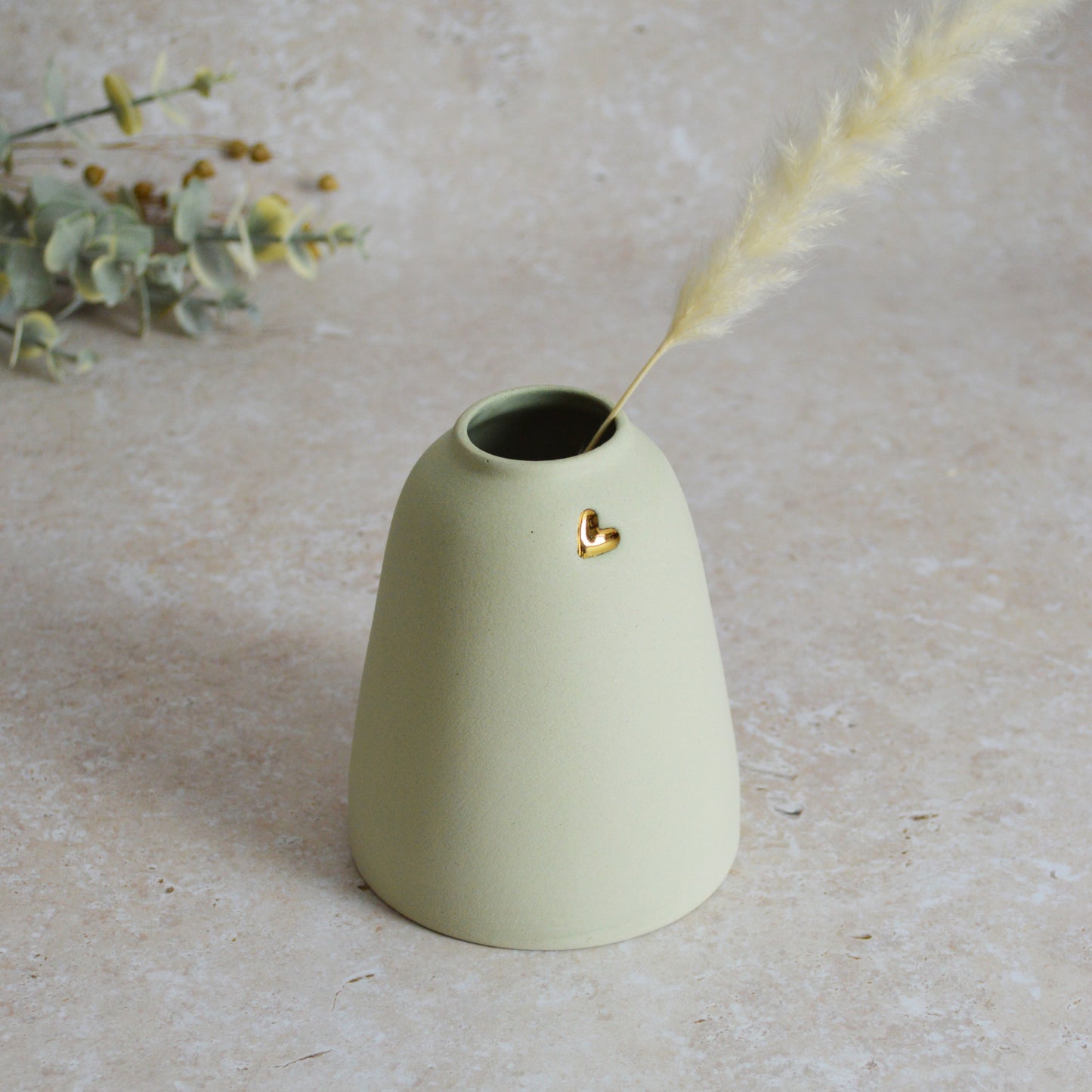 Seconds* Discontinued* Pastel Mint Home Decor Vase With Short Rim And An Embossed Gold Heart | Flower Vase | Spring Vase | Stoneware (A65)