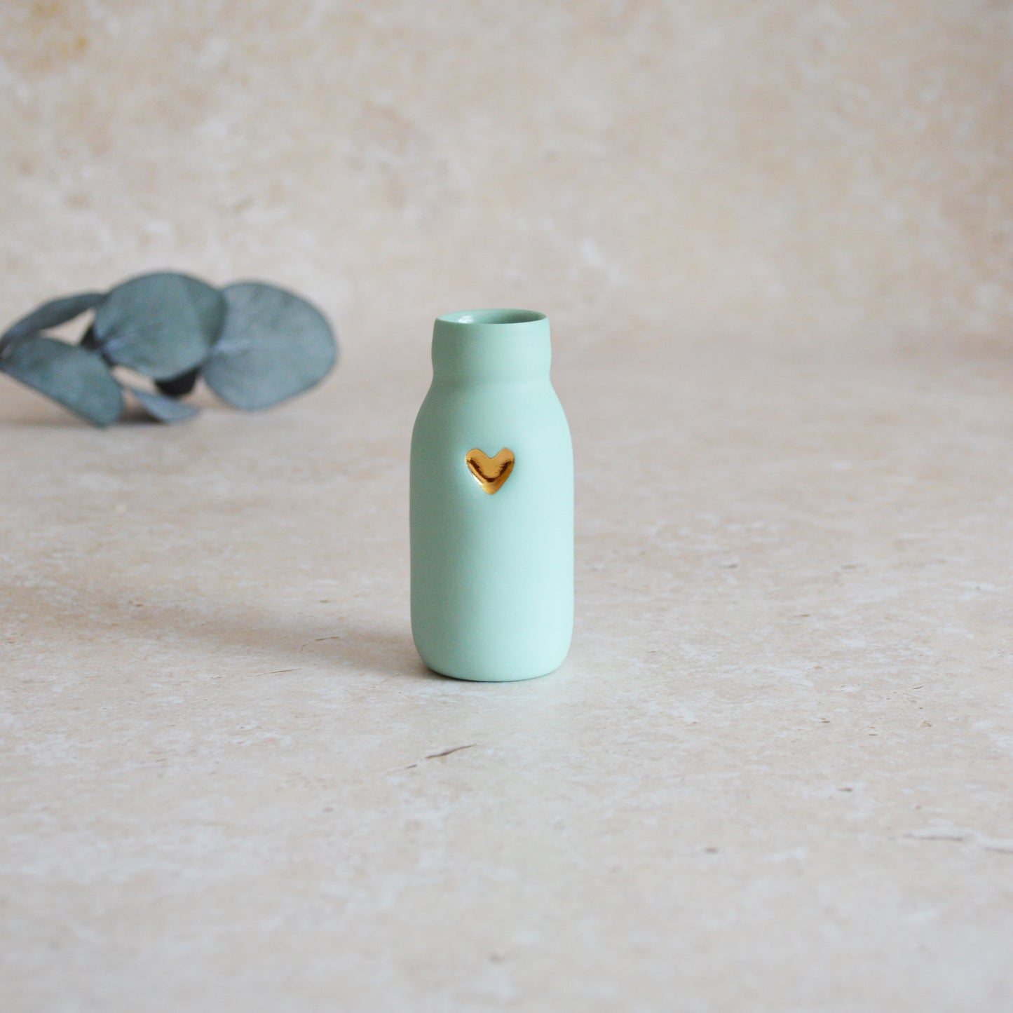 Seconds* SMALL MINT Pastel Bottle Vases With A Gold Embossed Heart | Summer Vase | Flower Vase | Porcelain (A69)