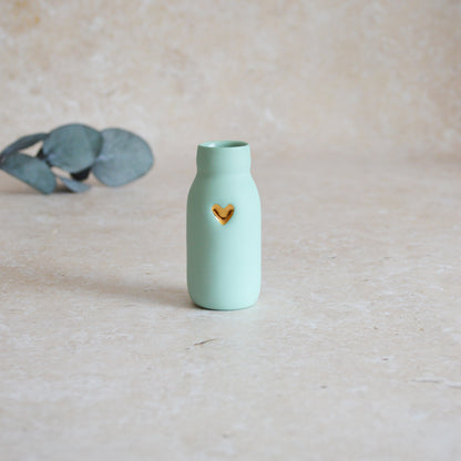 Seconds* SMALL MINT Pastel Bottle Vases With A Gold Embossed Heart | Summer Vase | Flower Vase | Porcelain (A69)