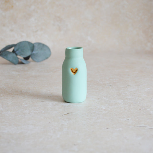 Seconds* SMALL MINT Pastel Bottle Vases With A Gold Embossed Heart | Summer Vase | Flower Vase | Porcelain (A69)