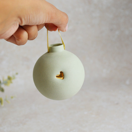 Seconds* MINT Large Pastel Bauble With A Gold Heart | Stoneware | Hanging Christmas Decorations | Christmas Tree Decor (A6)