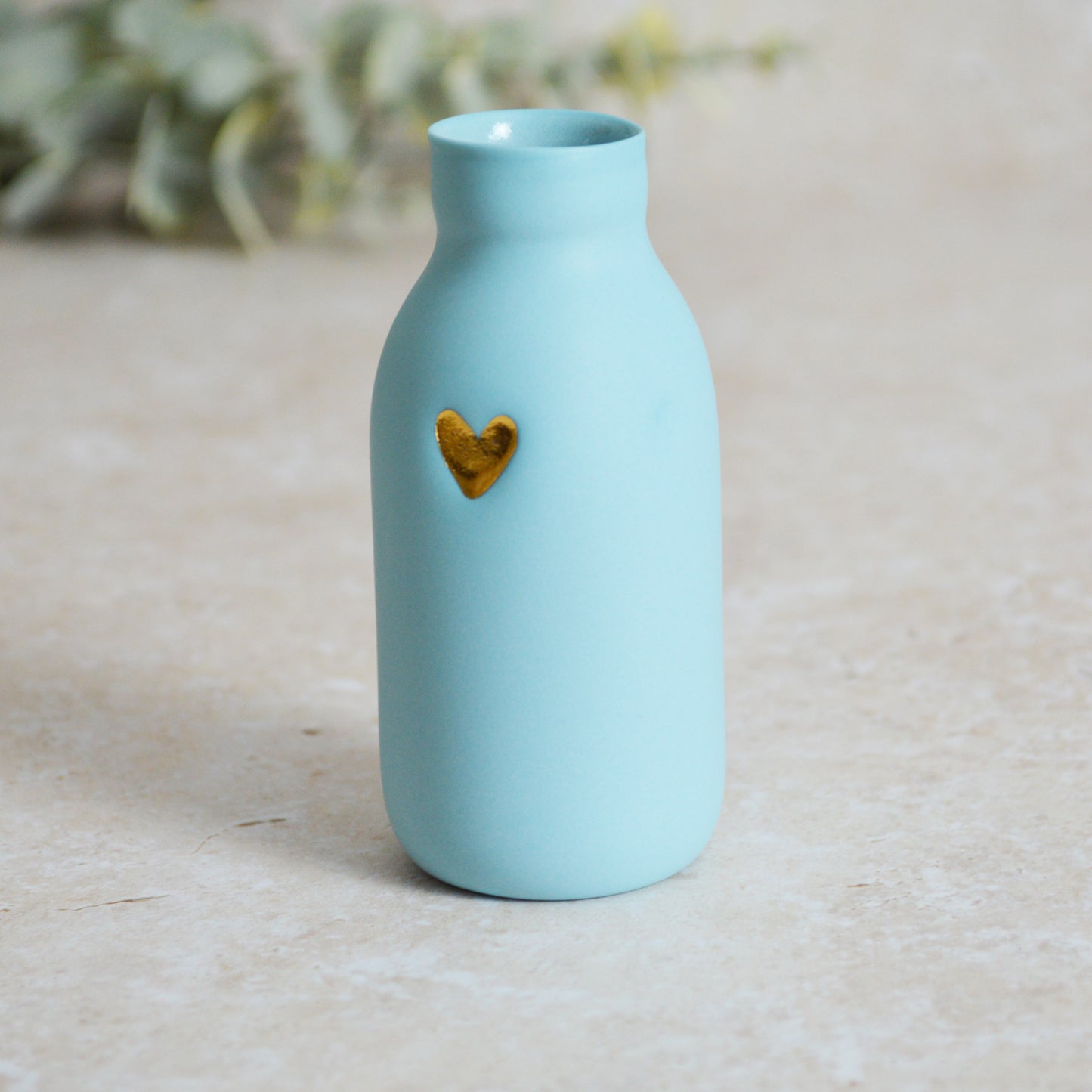 Seconds* MEDIUM BLUE Pastel Bottle Vases With A Gold Embossed Heart | Summer Vase | Flower Vase | Porcelain (A71)
