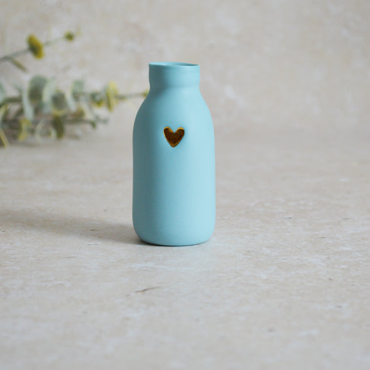 Seconds* MEDIUM BLUE Pastel Bottle Vases With A Gold Embossed Heart | Summer Vase | Flower Vase | Porcelain (A71)
