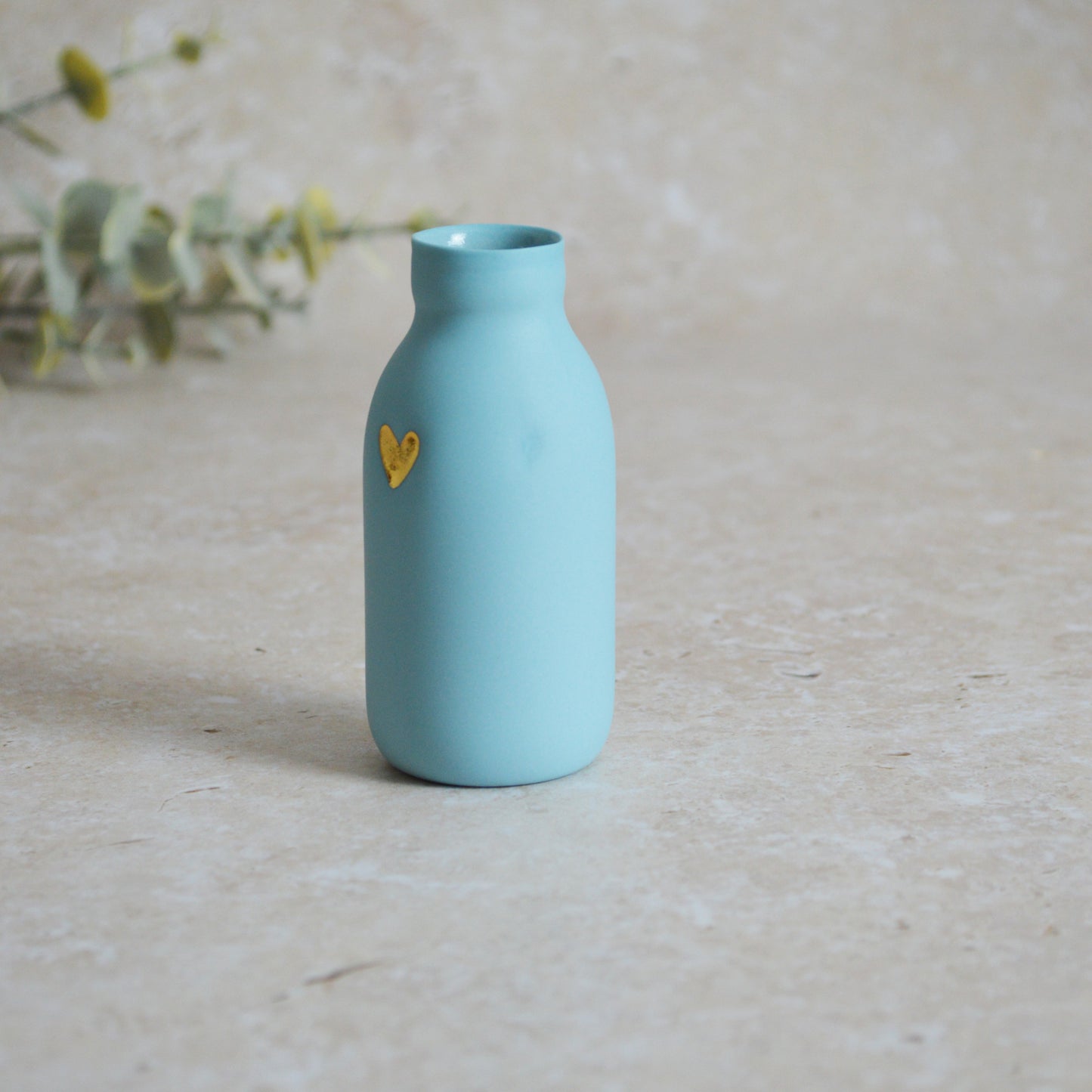 Seconds* MEDIUM BLUE Pastel Bottle Vases With A Gold Embossed Heart | Summer Vase | Flower Vase | Porcelain (A71)