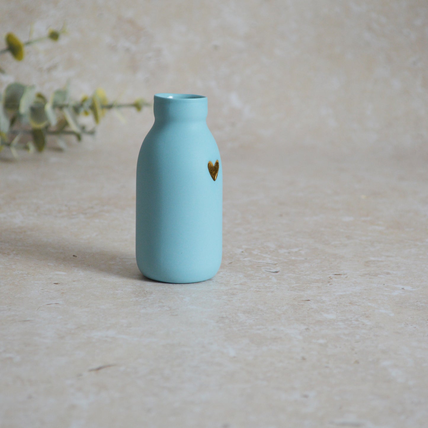 Seconds* MEDIUM BLUE Pastel Bottle Vases With A Gold Embossed Heart | Summer Vase | Flower Vase | Porcelain (A71)
