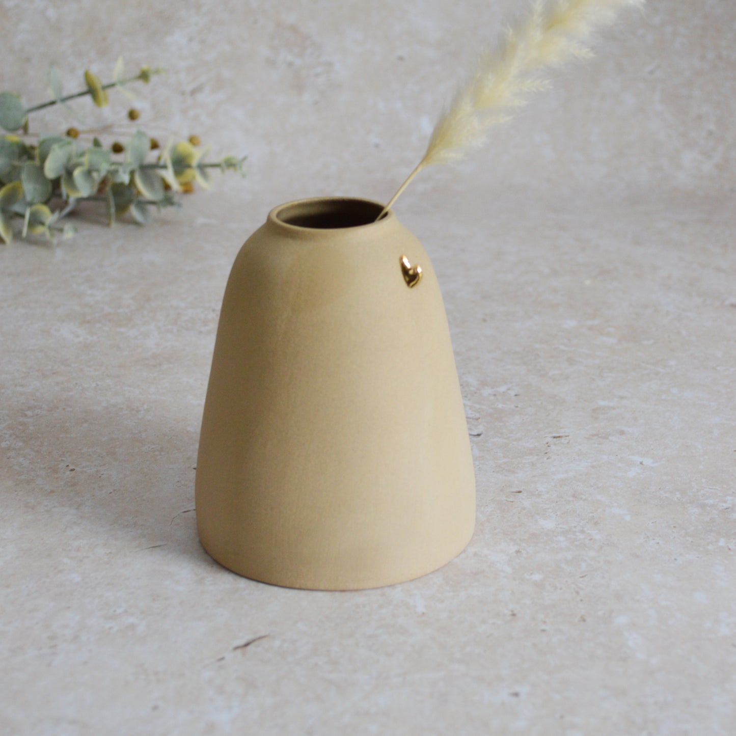 Seconds* Discontinued* Pastel Brown Ceramic Vase With A Short Rim And An Embossed Gold Heart | Flower Vase | Home Decor | Gifts For Her | Stoneware (A73)