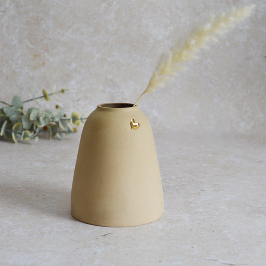 Seconds* Discontinued* Pastel Brown Ceramic Vase With A Short Rim And An Embossed Gold Heart | Flower Vase | Home Decor | Gifts For Her | Stoneware (A73)