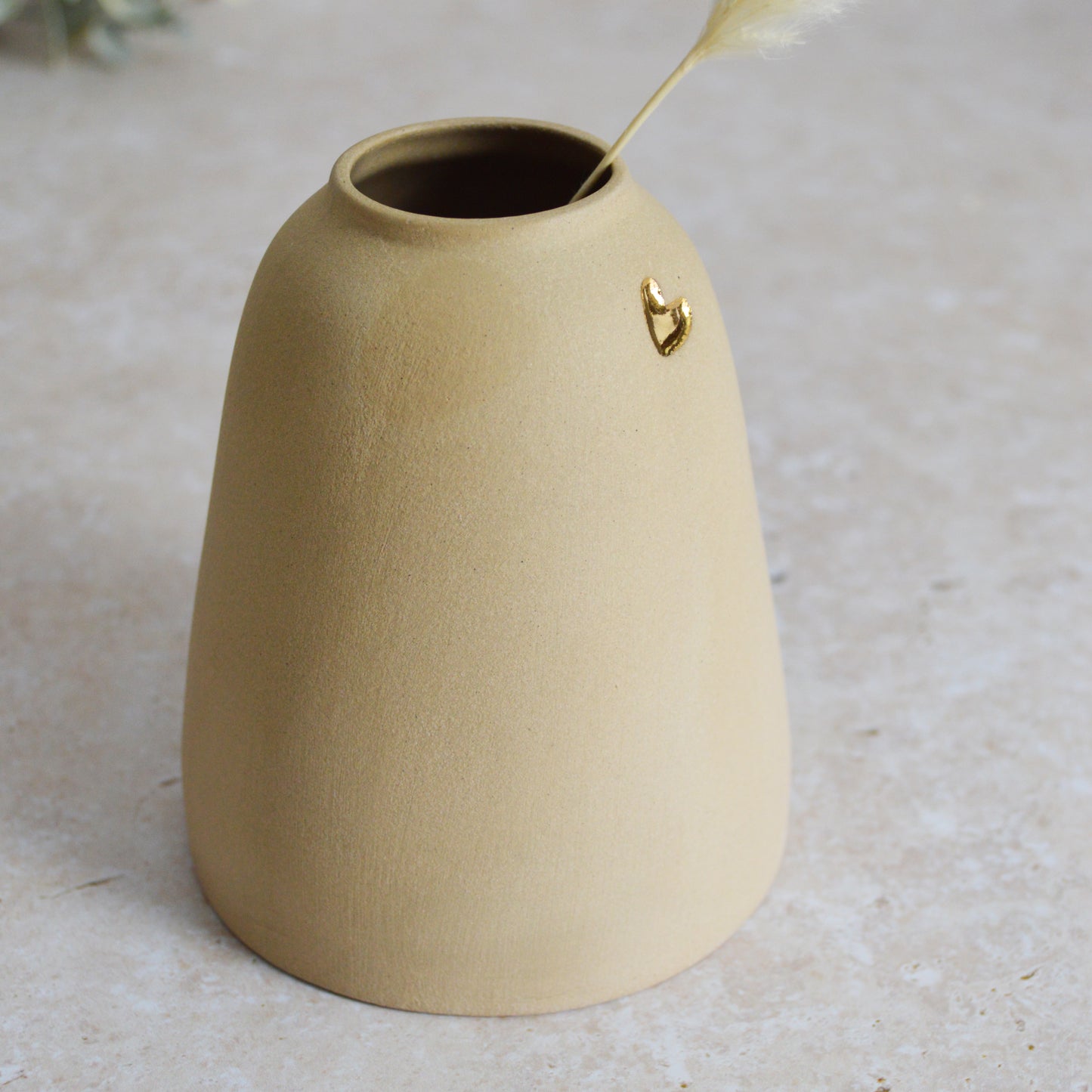 Seconds* Discontinued* Pastel Brown Ceramic Vase With A Short Rim And An Embossed Gold Heart | Flower Vase | Home Decor | Gifts For Her | Stoneware (A73)