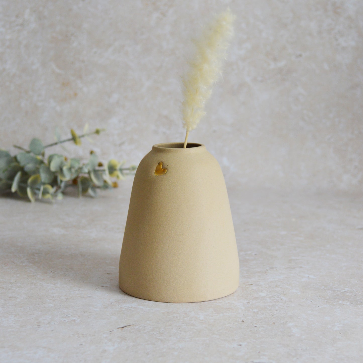 Seconds* Discontinued* Pastel Brown Ceramic Vase With A Short Rim And An Embossed Gold Heart | Flower Vase | Home Decor | Gifts For Her | Stoneware (A73)