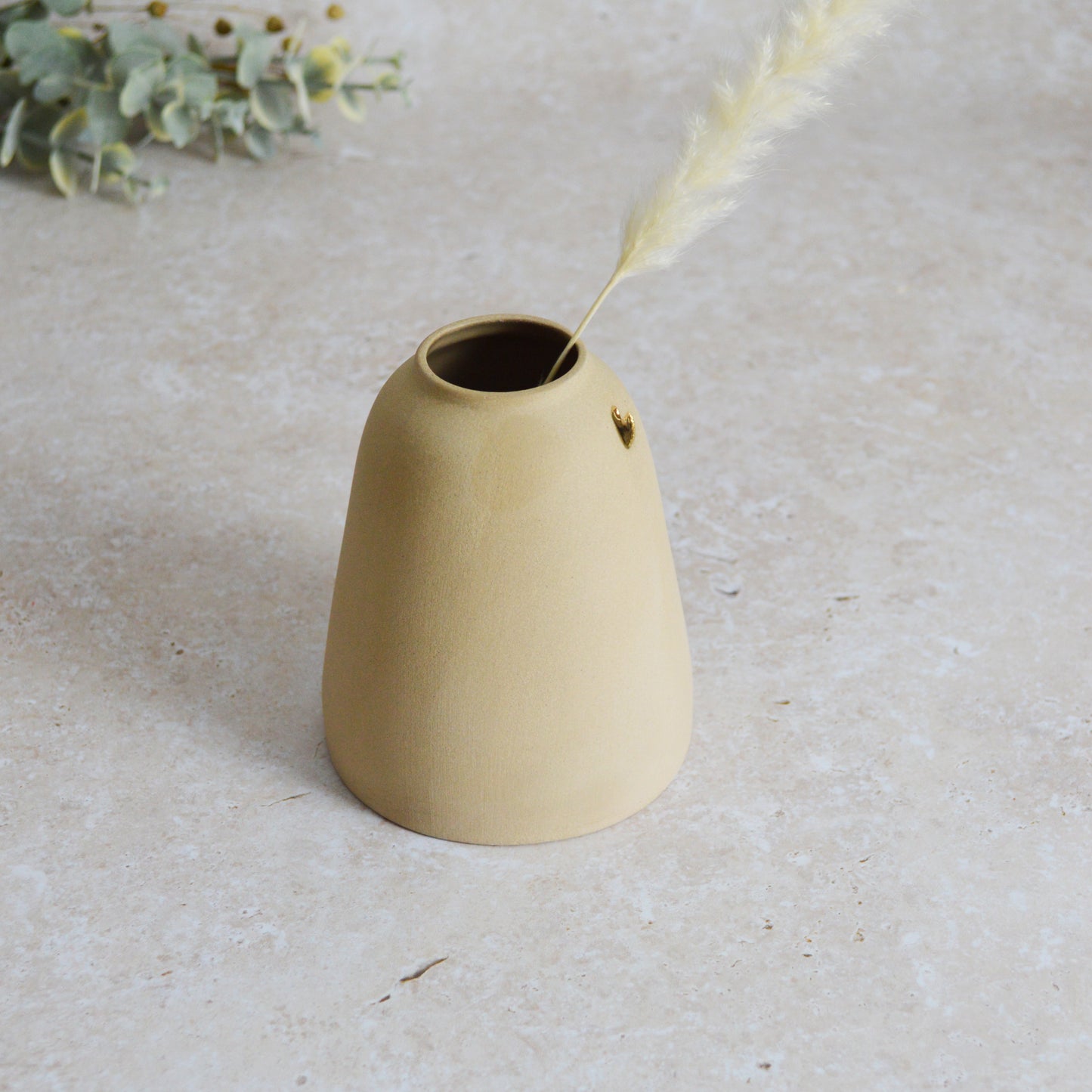 Seconds* Discontinued* Pastel Brown Ceramic Vase With A Short Rim And An Embossed Gold Heart | Flower Vase | Home Decor | Gifts For Her | Stoneware (A73)