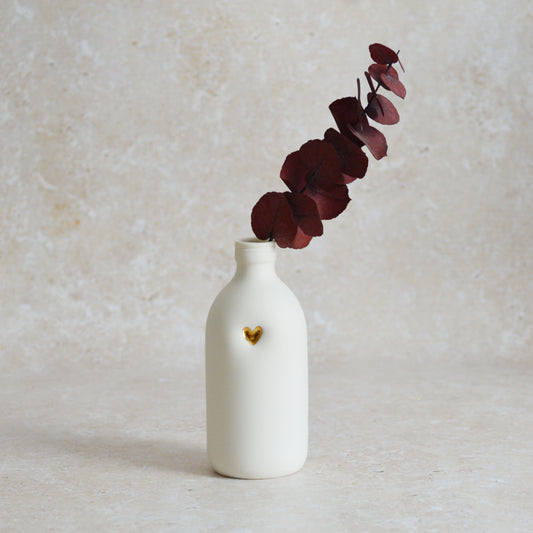 Seconds*  Large White Bottle Vase With A Gold Embossed Heart | Flower Vase | Porcelain Vase (A74)