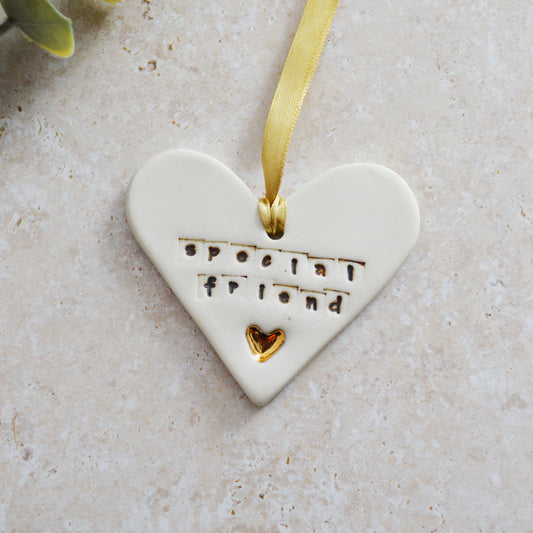 Seconds* Discontinued* Special Friend Heart Tag With A Gold Heart | Porcelain | Hanging Heart Decoration | Best Friends (A77)