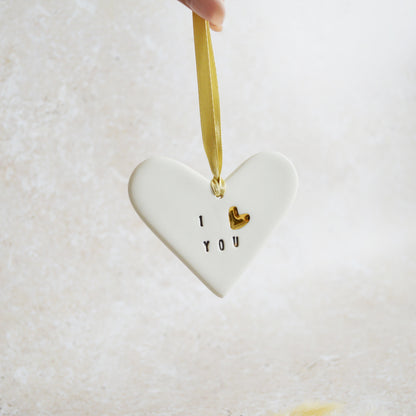 Seconds* I Love You Heart With A Gold Heart | Porcelain | Hanging Heart Decoration | Valentines Keepsake (A79)