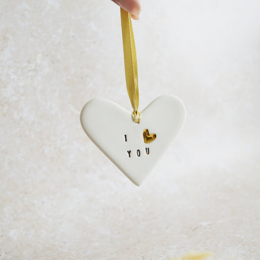 Seconds* I Love You Heart With A Gold Heart | Porcelain | Hanging Heart Decoration | Valentines Keepsake (A79)