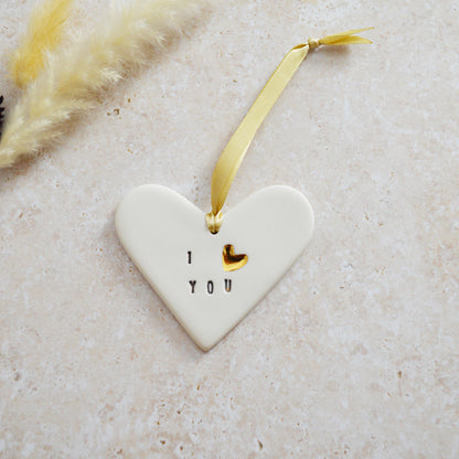 Seconds* I Love You Heart With A Gold Heart | Porcelain | Hanging Heart Decoration | Valentines Keepsake (A79)