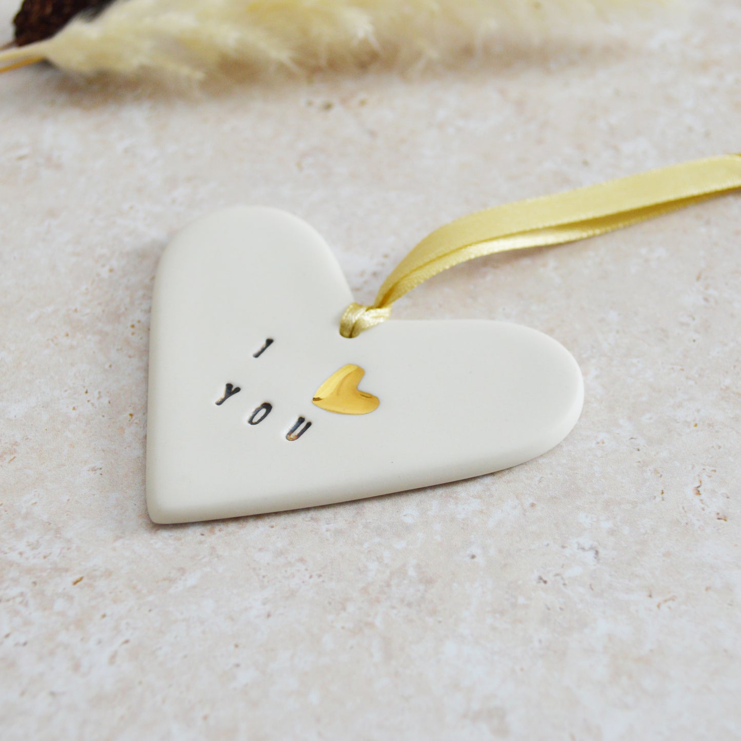 Seconds* I Love You Heart With A Gold Heart | Porcelain | Hanging Heart Decoration | Valentines Keepsake (A79)