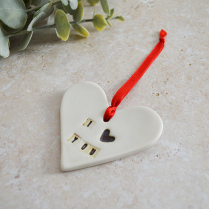 Seconds* Discontinued* I Love You Heart With an Oxide Heart | Porcelain | Hanging Heart Decoration | Valentines Keepsake (A81)